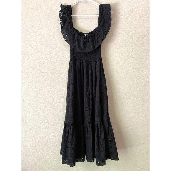 Tularosa Carlotta Eyelet Floral Midi Dress XS Black Smocked Ruffle Cottage FLAWS - Picture 2 of 13